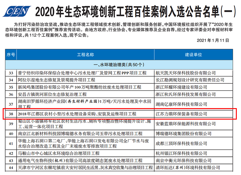 2020年生态环境创新工程百佳案例